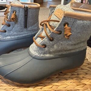 Womens Waterproof Gray Duck Boots with Tan Trim - Sperry